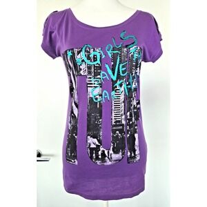 Tough Graphic T shirt Black Lace Purple Short Sleeves Shoulder Straps Y2K Milita